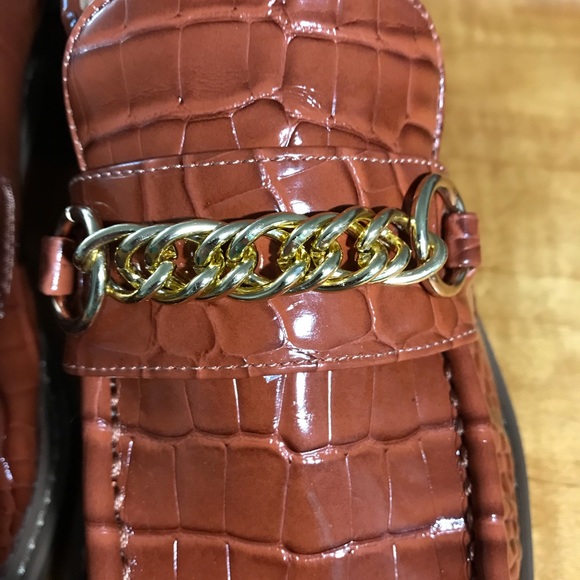 ASOS Design Women’s Shoe Loafer Chestnut Croc Wedge Gold Braid Detail - Picture 3 of 7